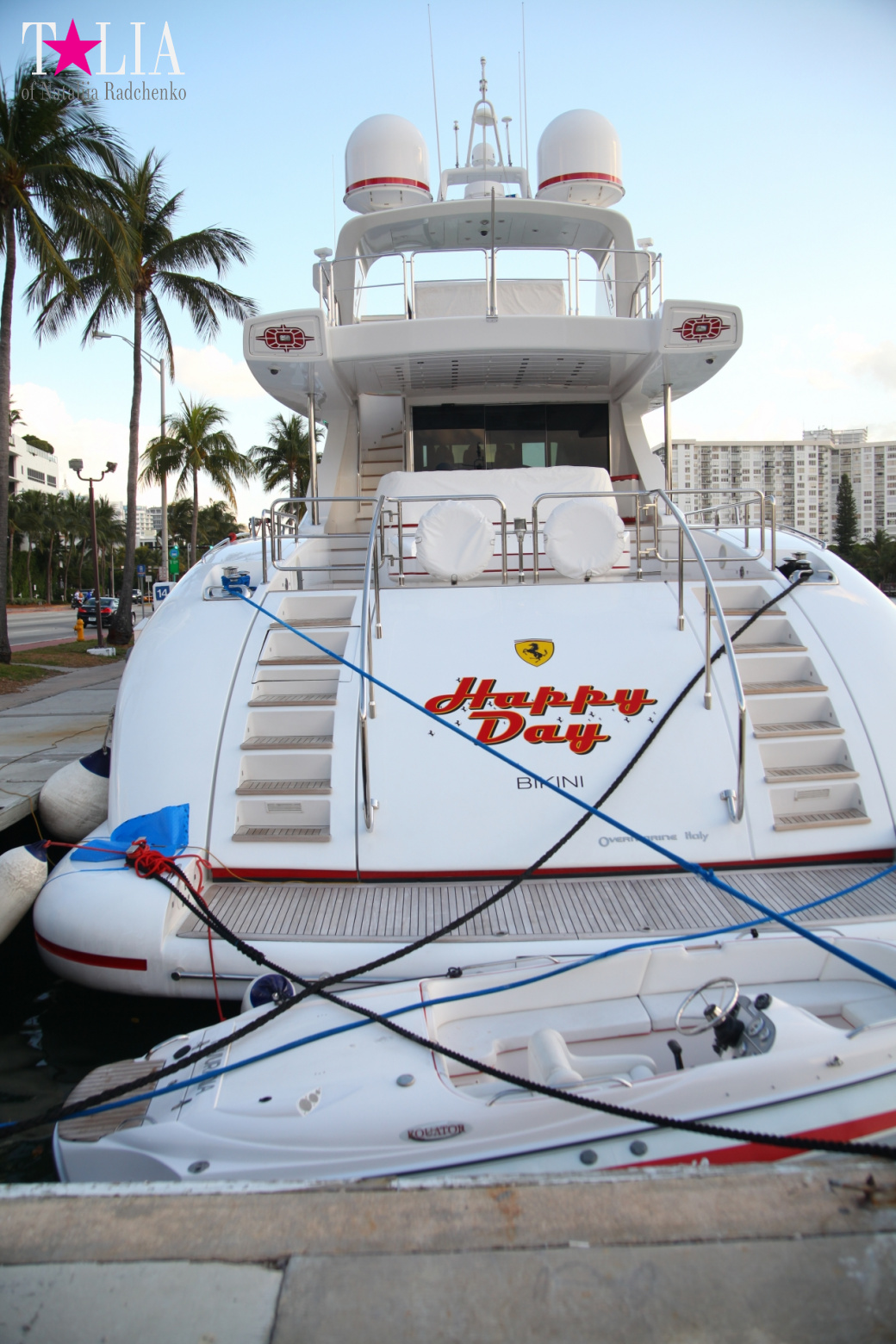 Yachts, Palms, Bay - The promenade of Middle Miami Beach, Collins Avenue